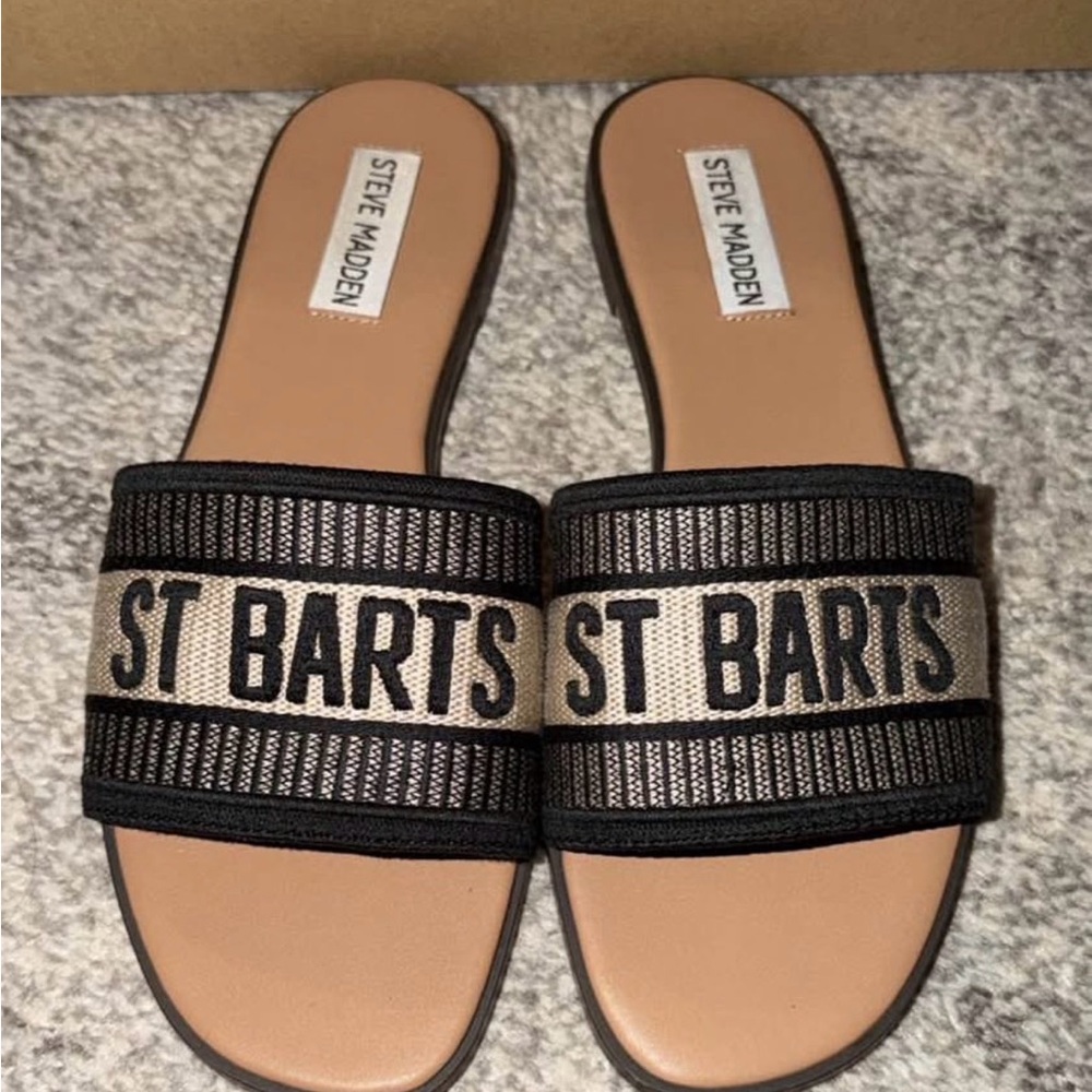 Steve Madden St. Barts Black and Tan Slide Sandals